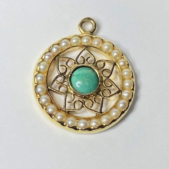 14K yellow gold 6.5mm Turquoise Seed pearl pendant 1 1/4" 4.9gm